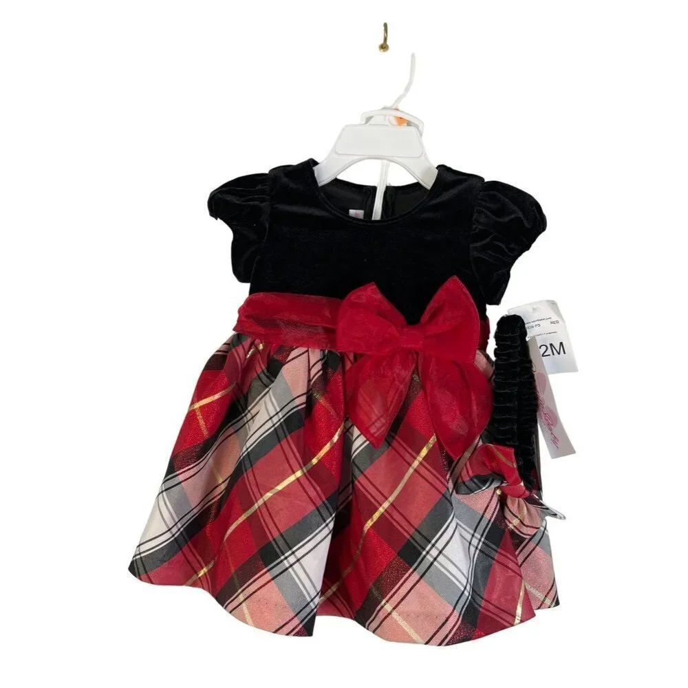 NWT Bonnie Baby Fancy Plaid Velvet Formal Dress +Panty & Headband Girls Size 12M